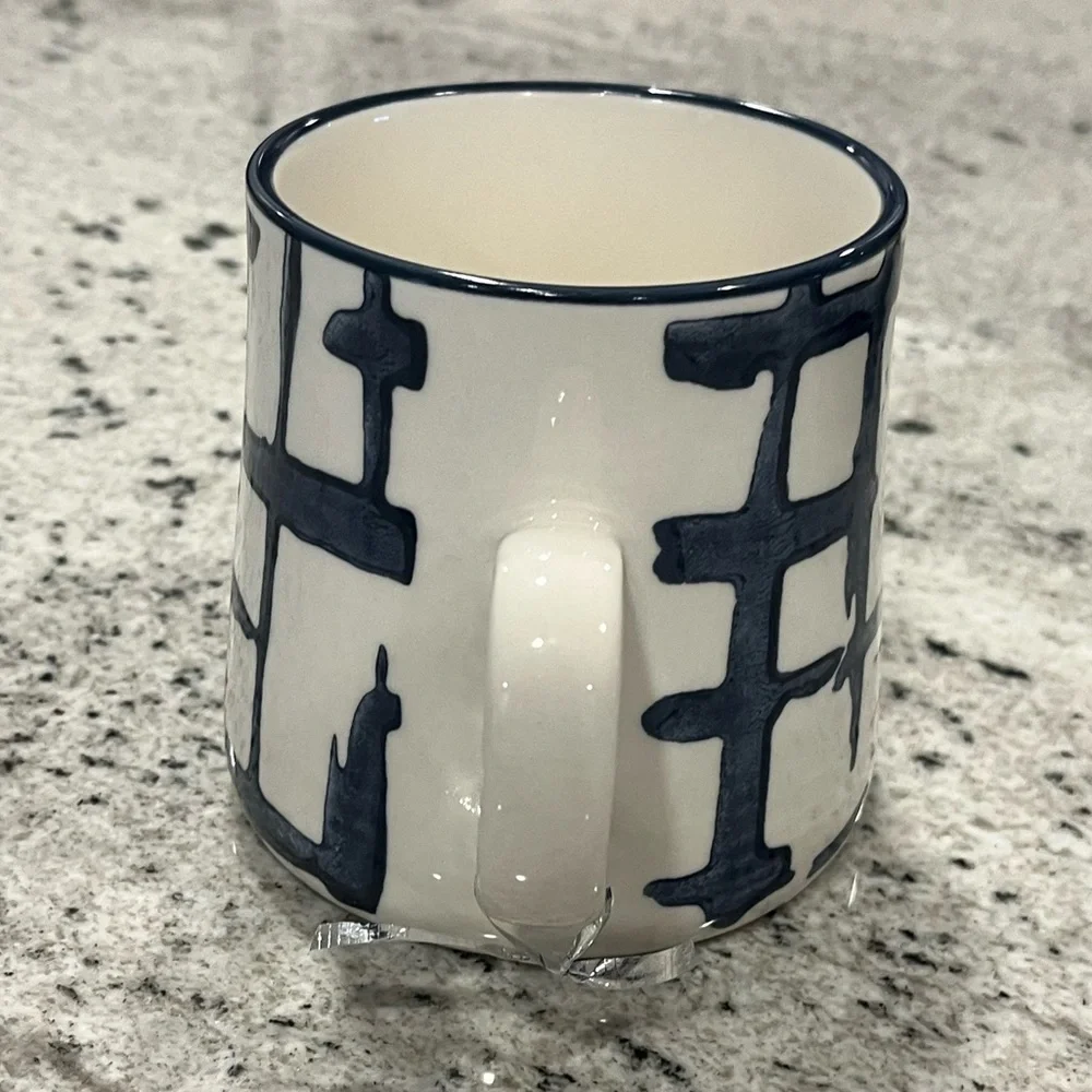 Hand Painted Under Glaze White and Blue Abstract Ceramic Coffee Mug NWOB